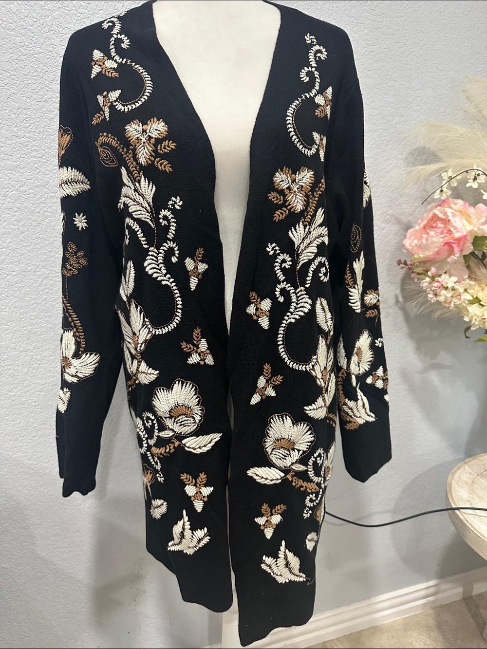 Chico's Black Open-Front Cardigan with Cream and Brown Floral Embroidery
